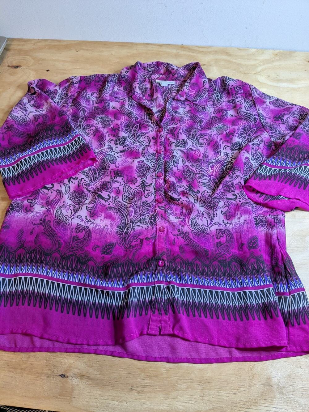 Fashion Bug Women's Top Sz XL Sheer Blouse Purple Quarter Sleeve Loose Fit